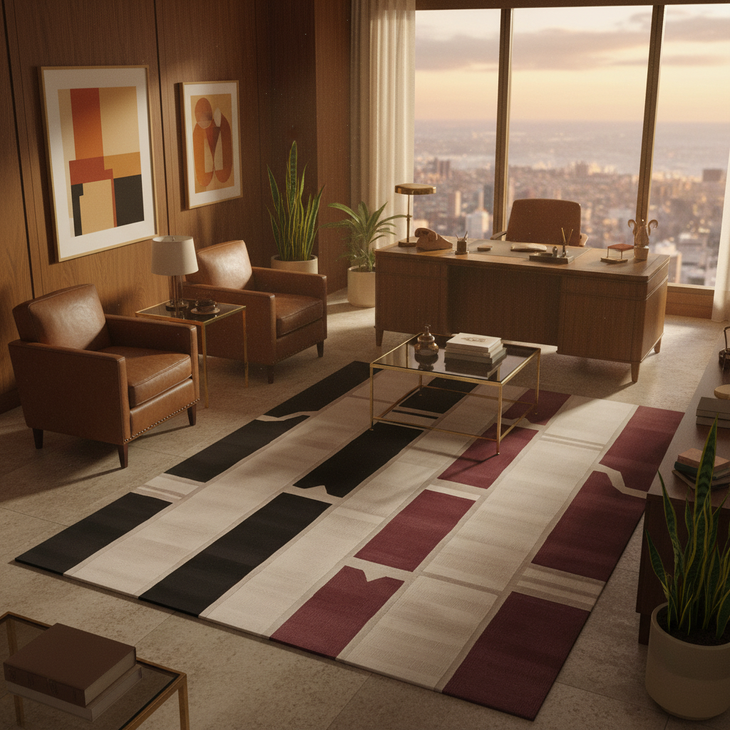 Modern office with a large window view, desk, chairs, geometric rug, and decorative elements.