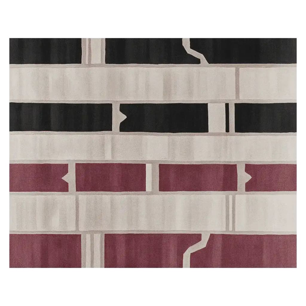 A contemporary area rug with a striking abstract design in black, white, and maroon tones. This wool rug is perfect for adding a modern touch to living room spaces, especially in an 8x10 size.