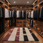 Modern walk-in closet with wooden shelves, clothes, and shoes on a patterned rug.