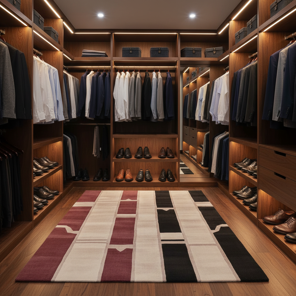 Modern walk-in closet with wooden shelves, clothes, and shoes on a patterned rug.