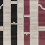 A stylish area rug featuring a contemporary design with bold vertical stripes in black, white, and maroon. This wool rug is perfect for adding a modern touch to living room area rugs, complementing an 8x10 space.