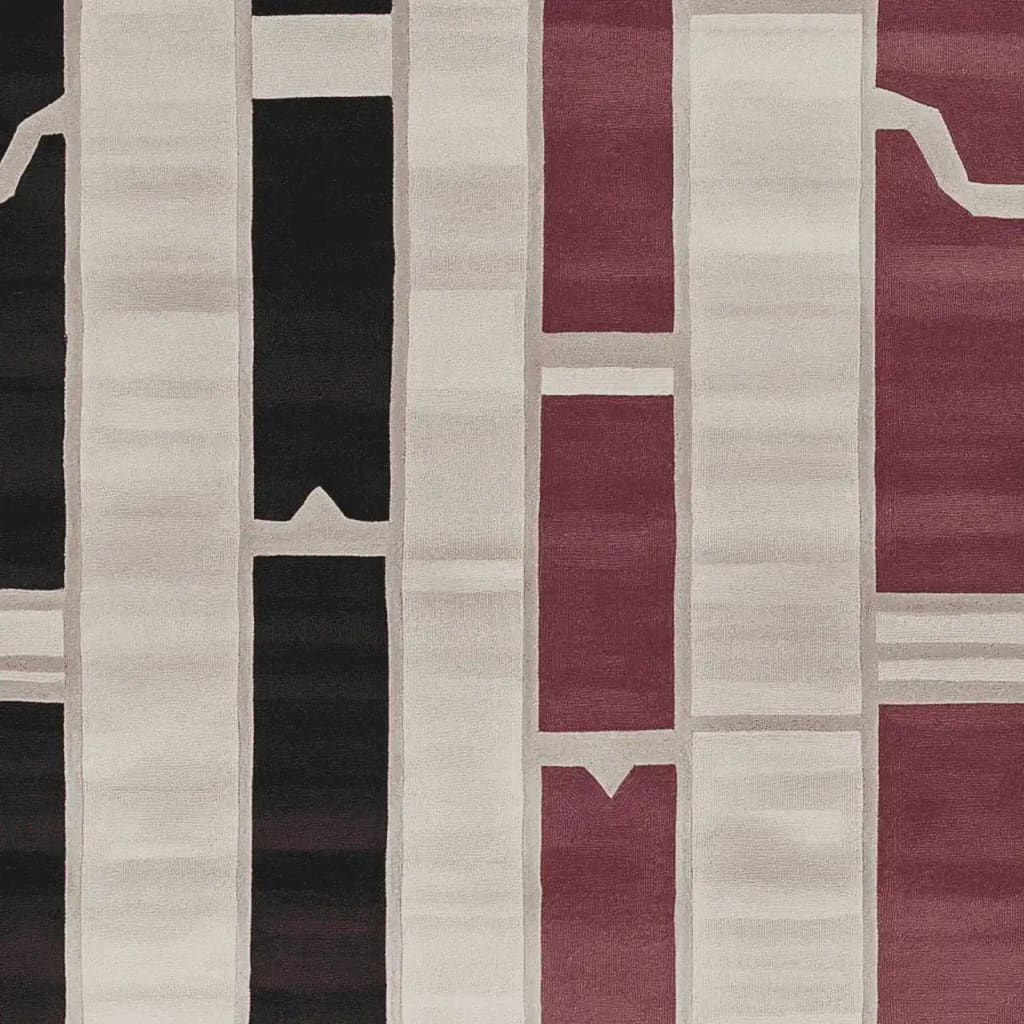 A stylish area rug featuring a contemporary design with bold vertical stripes in black, white, and maroon. This wool rug is perfect for adding a modern touch to living room area rugs, complementing an 8x10 space.