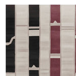 Close-up view of a contemporary wool area rug featuring bold geometric patterns in black, white, and burgundy, perfect for modern living room spaces. Ideal for living room area rugs, available in 8x10 size.