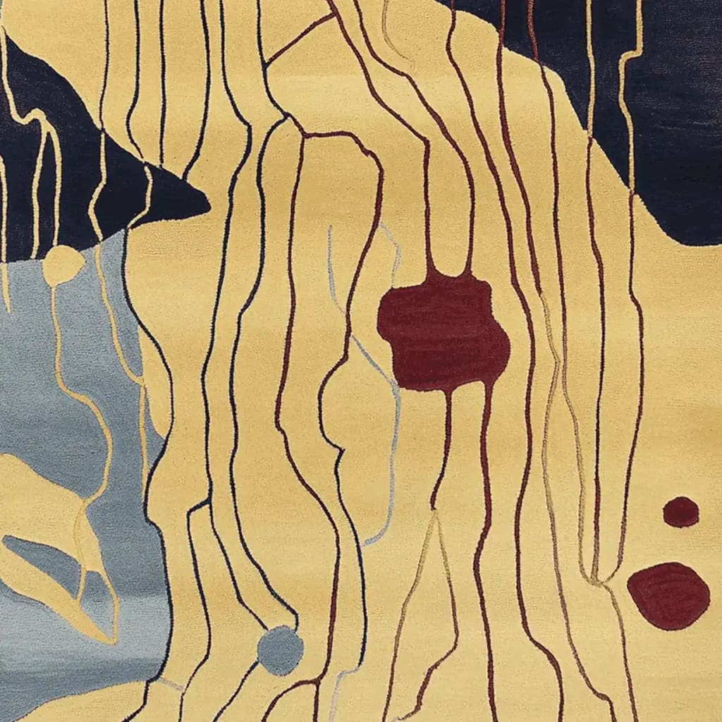 A contemporary wool area rug featuring an abstract design with flowing lines and organic shapes in shades of black, blue, and red on a beige background. Ideal for large living room spaces, this hand-tufted rug adds a modern touch to any decor.