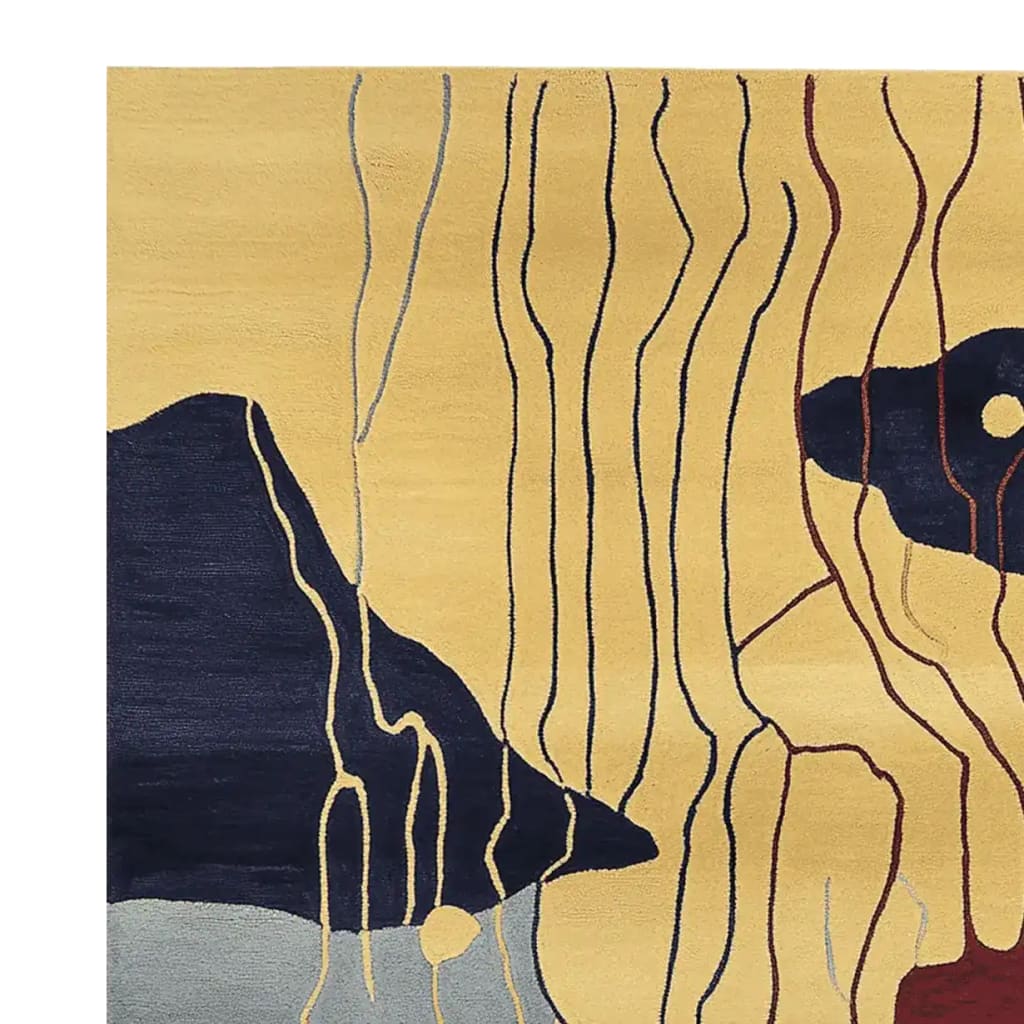 Top view of the Linear Pulse Hand Tufted Area Rug, showcasing its contemporary design with wavy abstract patterns. The wool rug features a mix of navy, beige, and muted colors, making it a stylish addition to large living room spaces. Perfect for those seeking area rugs for living room with a modern touch.