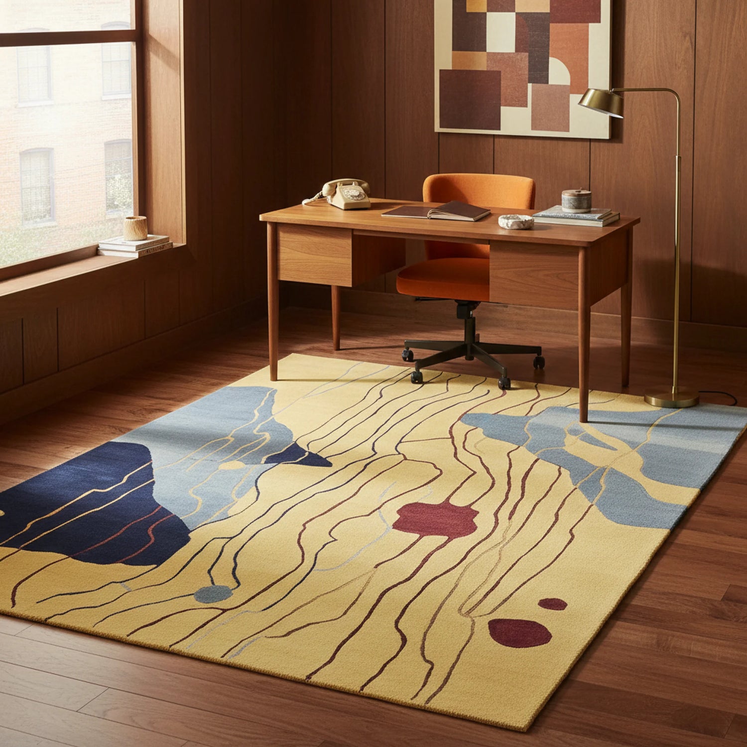Modern office with a desk, chair, and abstract rug on wooden flooring.