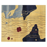 A contemporary wool area rug featuring an abstract design with flowing lines and shapes in shades of blue, beige, and burgundy. This large living room rug adds a modern touch to any space, perfect for area rugs for living room decor.