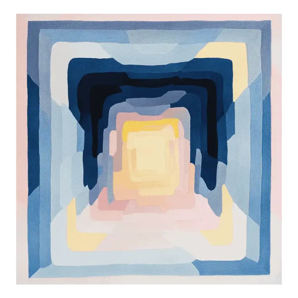 A contemporary square area rug with an abstract design, featuring layered geometric patterns in shades of blue, pink, and yellow. This wool rug is ideal for an 8x10 living room space, adding a modern touch to any home decor.