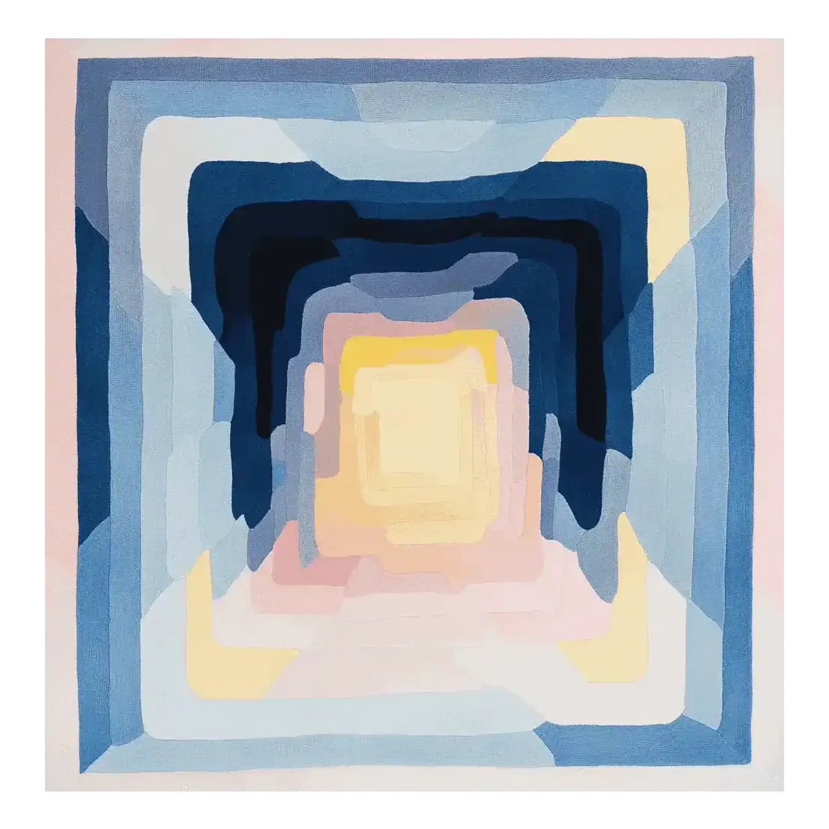 A contemporary square area rug with an abstract design, featuring layered geometric patterns in shades of blue, pink, and yellow. This wool rug is ideal for an 8x10 living room space, adding a modern touch to any home decor.
