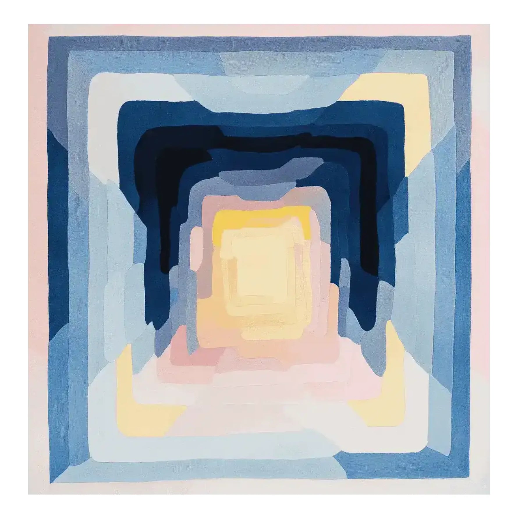 A contemporary square area rug with an abstract design, featuring layered geometric patterns in shades of blue, pink, and yellow. This wool rug is ideal for an 8x10 living room space, adding a modern touch to any home decor.
