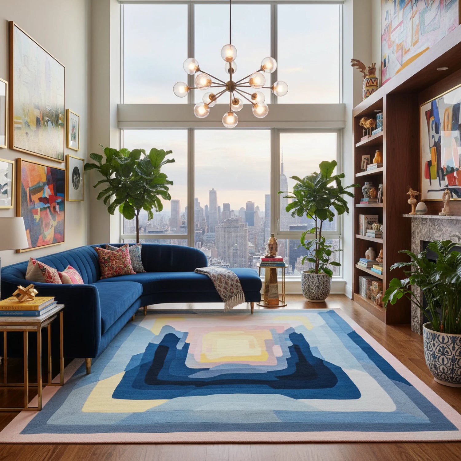 Modern living room with a blue sofa, colorful blue contemporary wool rug, and large windows overlooking a cityscape.