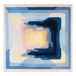 A contemporary square area rug featuring a vibrant geometric pattern in shades of blue, pink, and yellow. This wool rug is ideal for adding a modern touch to living room spaces, especially in an 8x10 size.