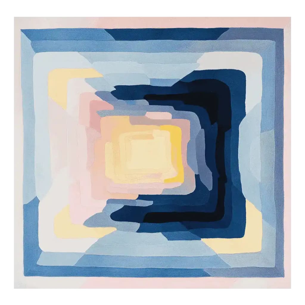 A contemporary square area rug featuring a vibrant geometric pattern in shades of blue, pink, and yellow. This wool rug is ideal for adding a modern touch to living room spaces, especially in an 8x10 size.