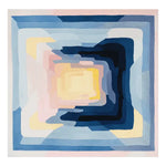 A contemporary square area rug featuring a vibrant geometric pattern in shades of blue, pink, and yellow. This wool rug is ideal for adding a modern touch to living room spaces, especially in an 8x10 size.