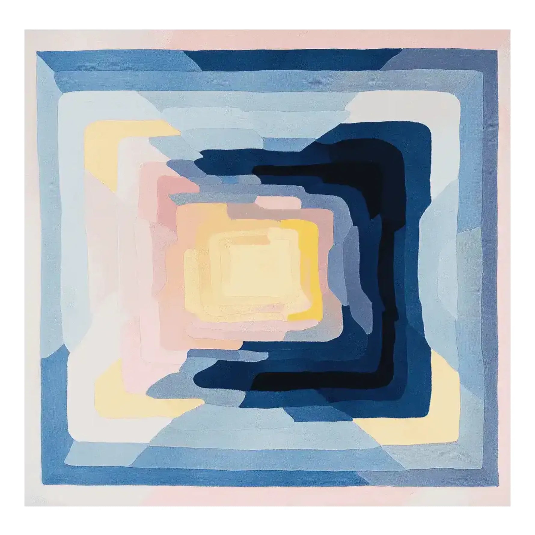 A contemporary square area rug featuring a vibrant geometric pattern in shades of blue, pink, and yellow. This wool rug is ideal for adding a modern touch to living room spaces, especially in an 8x10 size.