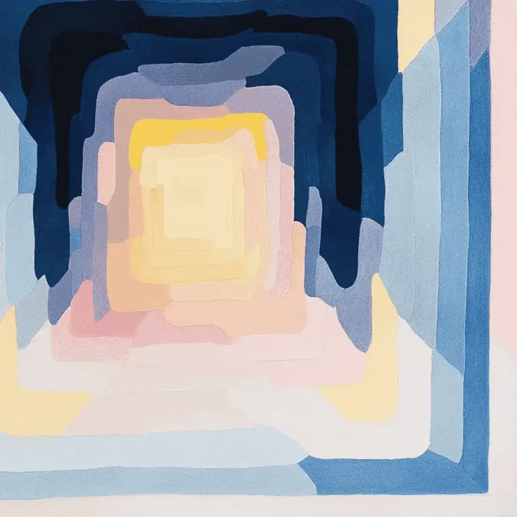 This contemporary wool area rug features a stunning abstract design with concentric squares in shades of blue, pink, and yellow, perfect for enhancing any living room. Ideal as a square area rug, it's a standout piece among living room rugs 8x10, combining style and functionality effortlessly.