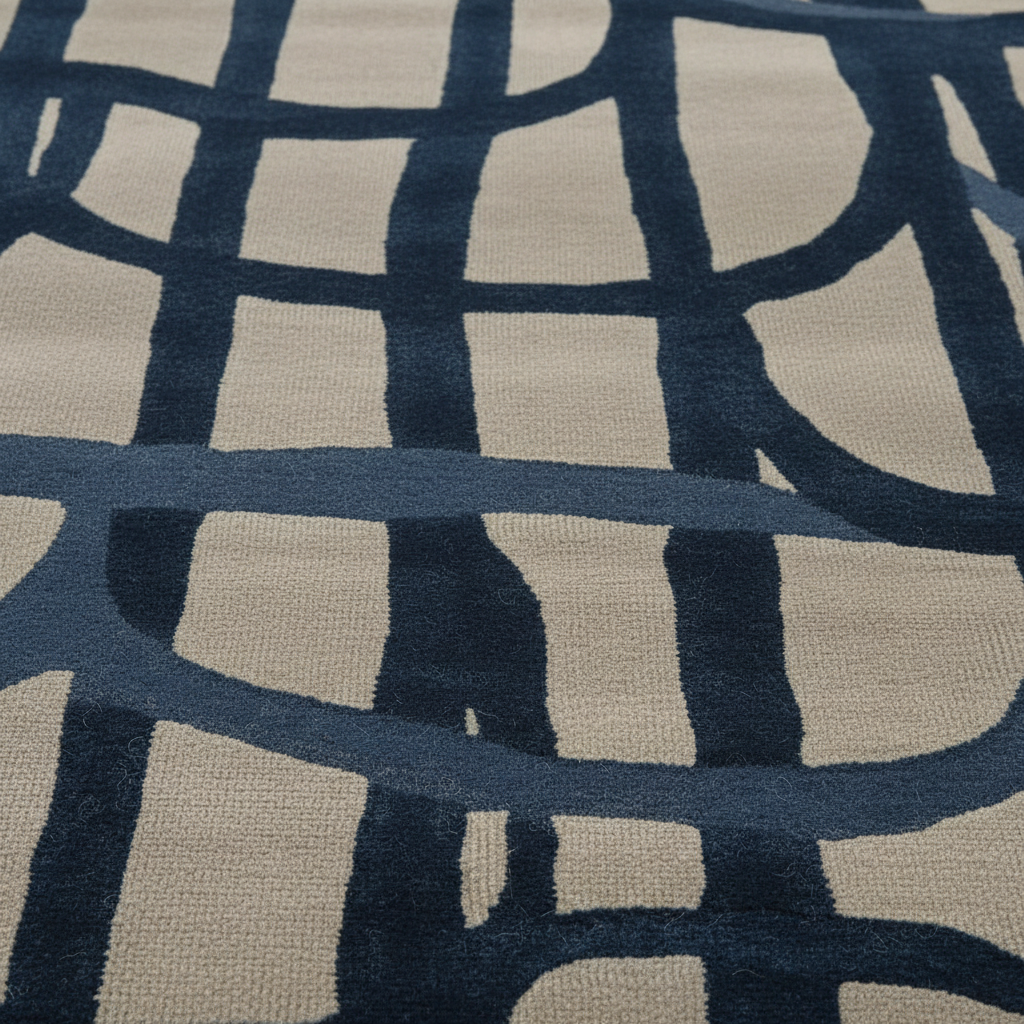 Close-up of a rug with blue and beige abstract pattern