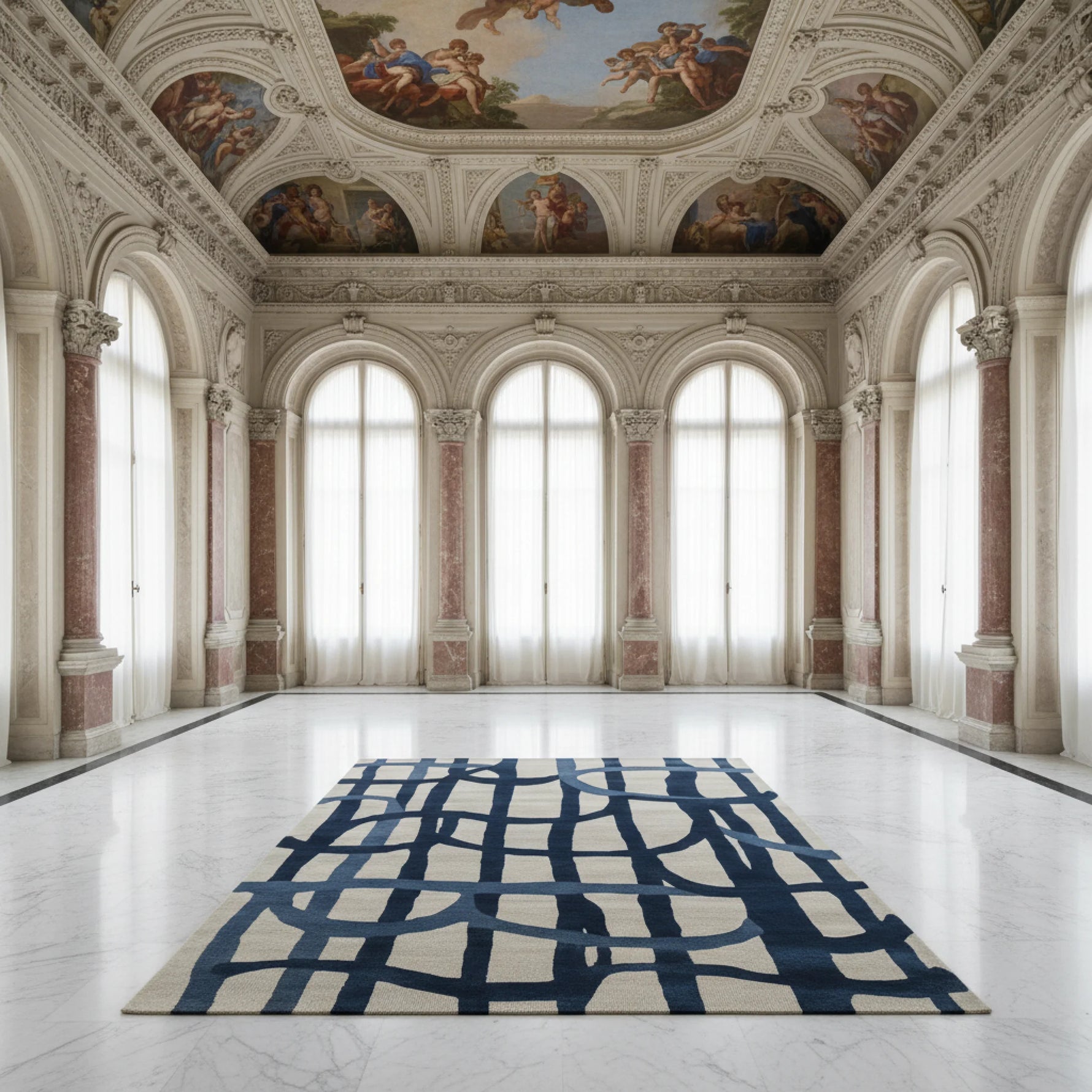 Large room with classical architecture featuring a blue and beige patterned rug on a marble floor.