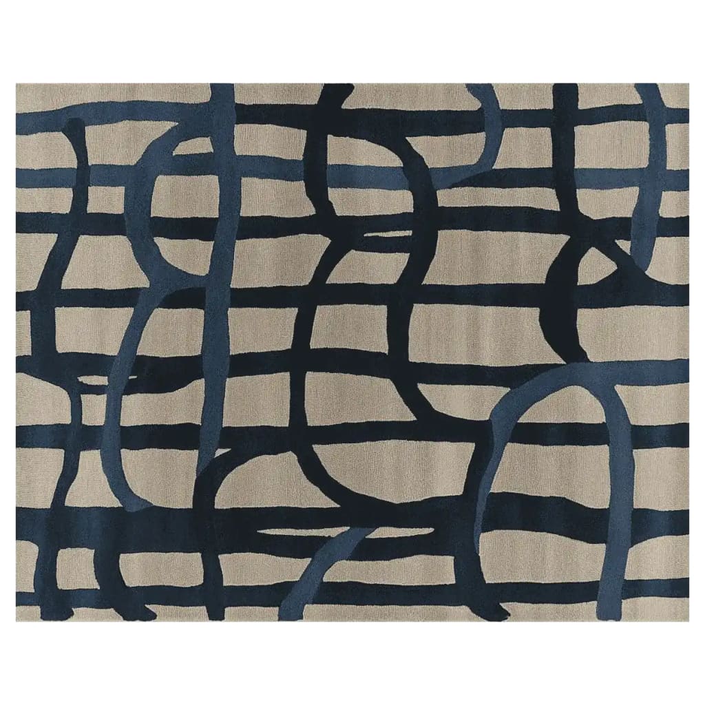 A contemporary area rug featuring an abstract design with bold navy lines on a neutral beige background. Perfect for adding a modern touch to living rooms, this wool rug offers both style and comfort, ideal as a large living room rug.