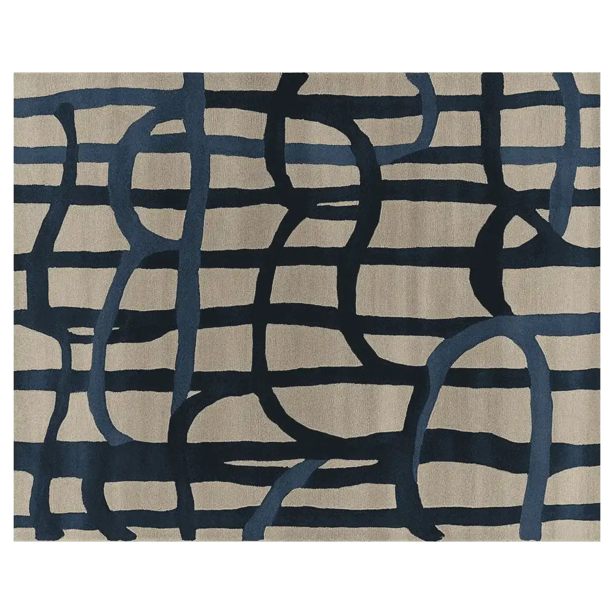 A contemporary area rug featuring an abstract design with bold navy lines on a neutral beige background. Perfect for adding a modern touch to living rooms, this wool rug offers both style and comfort, ideal as a large living room rug.