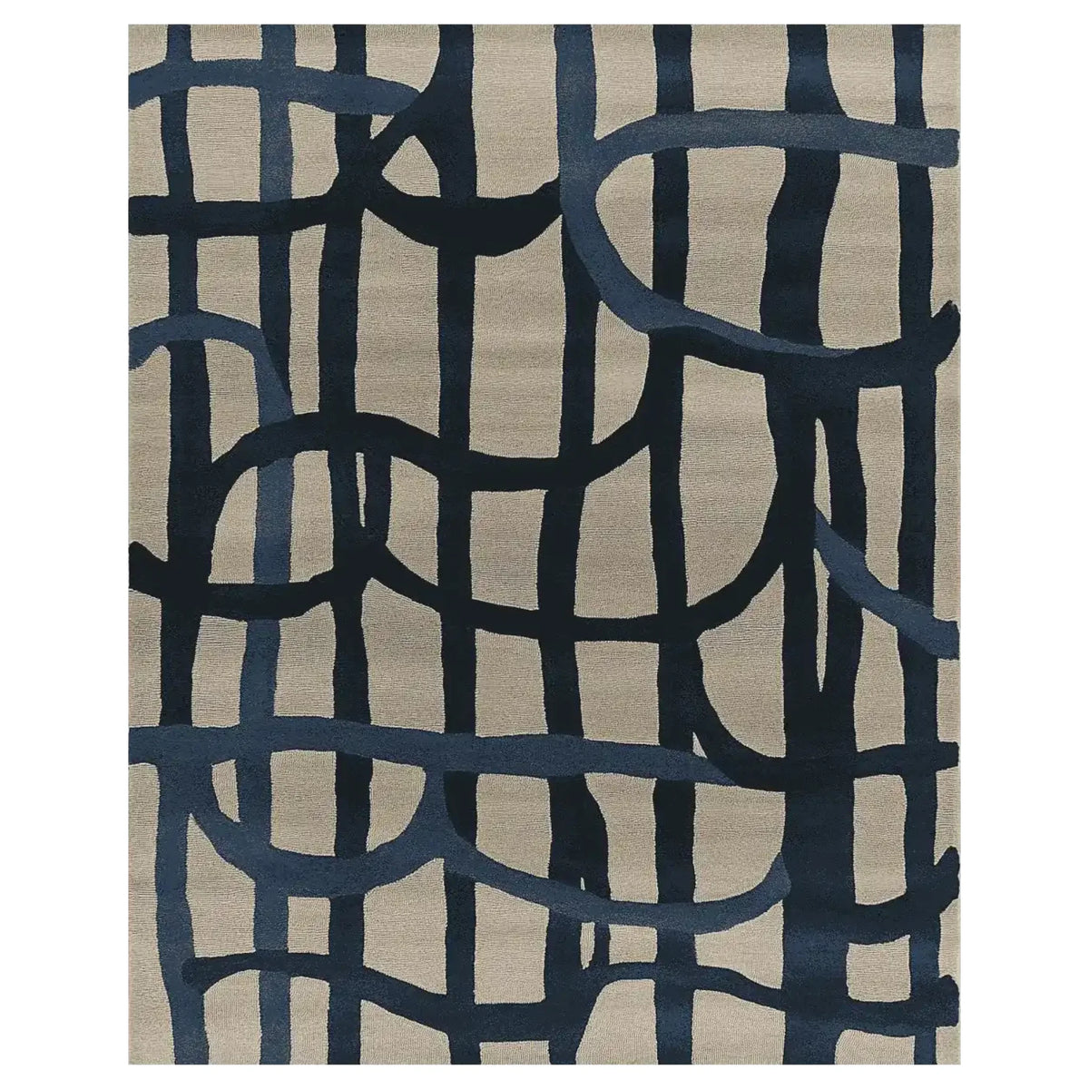Top view of the Lined in Thought Hand Tufted Area Rug, featuring an abstract design with bold navy blue lines against a neutral beige background. This contemporary wool rug is perfect for large living rooms, adding a modern touch to your space.