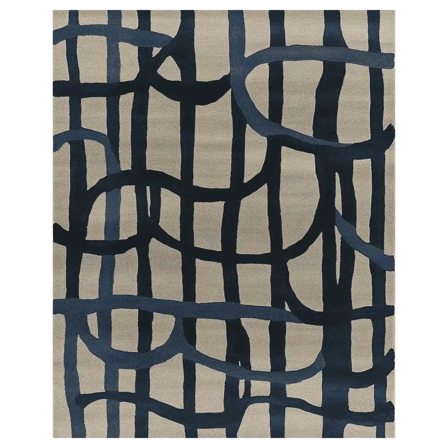 Top view of the Lined in Thought Hand Tufted Area Rug, featuring an abstract design with bold navy blue lines against a neutral beige background. This contemporary wool rug is perfect for large living rooms, adding a modern touch to your space.