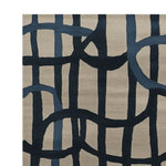 Top view of a contemporary wool area rug with abstract dark blue geometric patterns on a beige background, perfect for large living rooms. Ideal as a stylish and modern living room area rug.