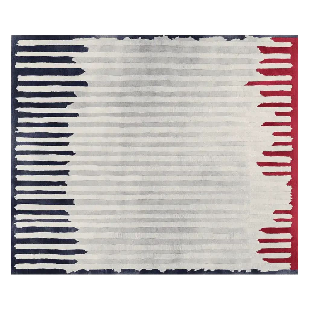 Contemporary wool rug in a modern abstract design featuring bold black and red stripes on a cream background, perfect for enhancing living room decor. This hand tufted area rug adds a stylish touch to any living room, making it an ideal choice for those seeking contemporary rugs that combine comfort and aesthetics.