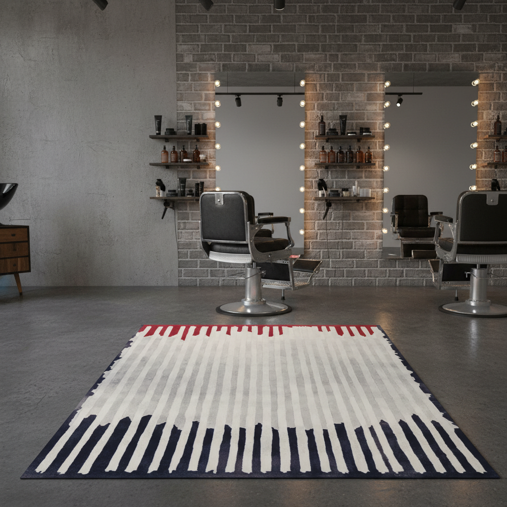 Modern salon interior with striped rug, chairs, and shelves.