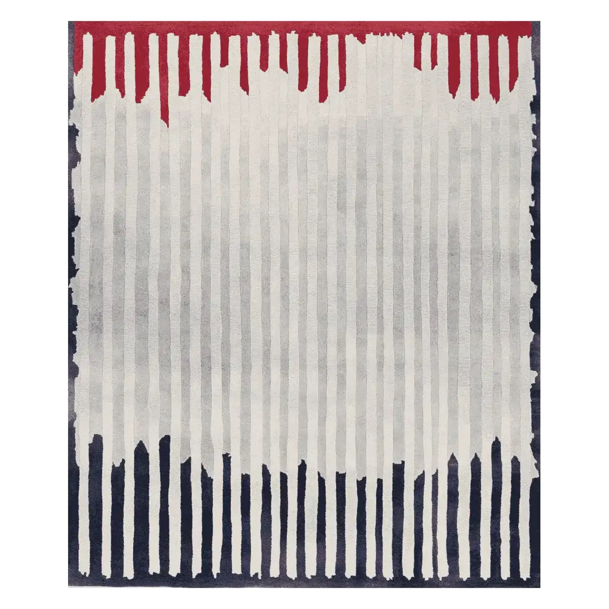 A contemporary area rug featuring a hand-tufted design with vertical lines in shades of red, white, and blue. This wool rug is perfect for adding a modern touch to living room spaces, offering both style and comfort.