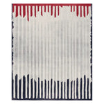 A contemporary area rug featuring a hand-tufted design with vertical lines in shades of red, white, and blue. This wool rug is perfect for adding a modern touch to living room spaces, offering both style and comfort.