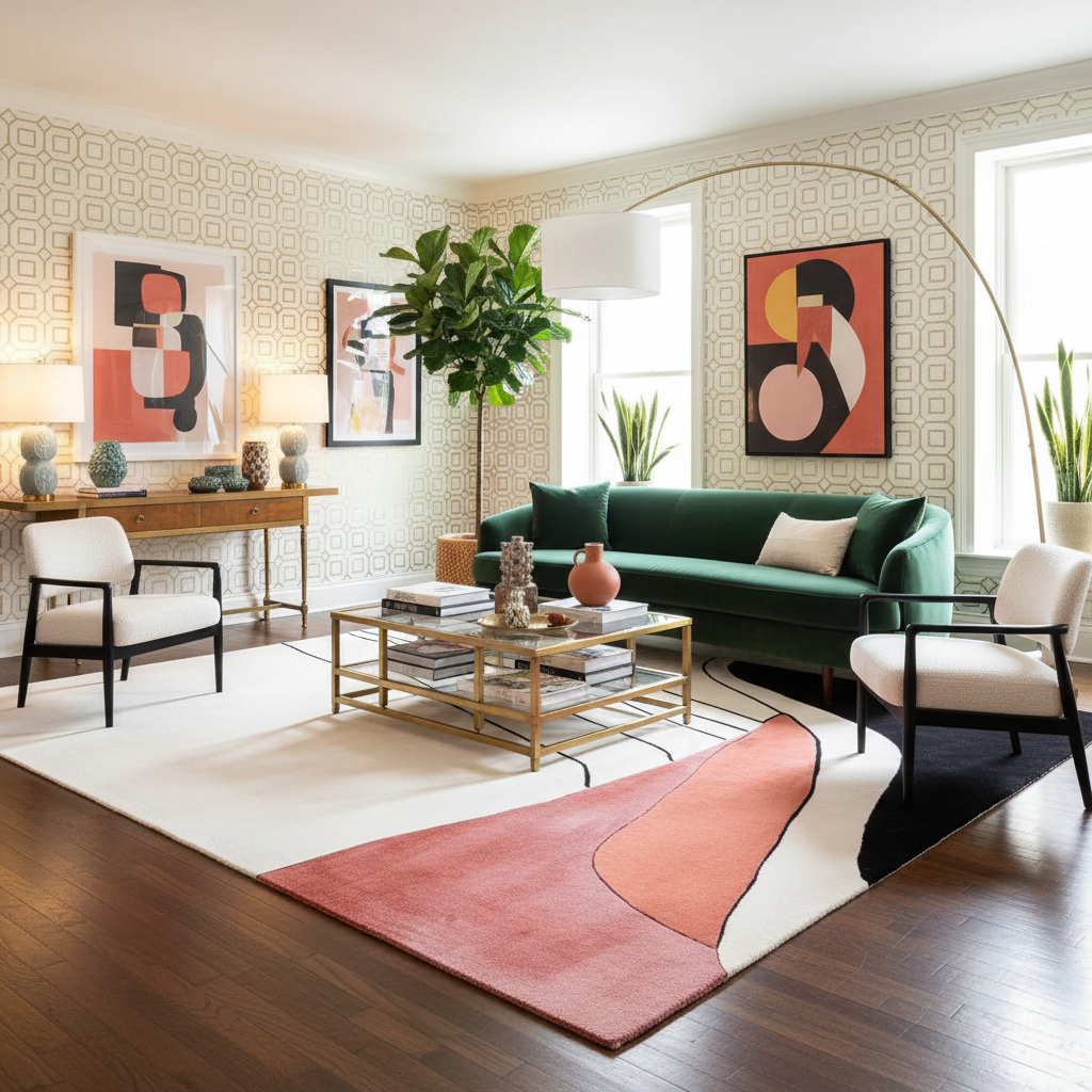 Modern living room with a green sofa, coffee table, a contemporary wool rug, and abstract art on patterned walls.
