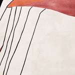 Close-up view of a hand-tufted wool area rug, featuring a contemporary abstract design with bold black lines on a cream background, accented by warm shades of orange and red. Ideal for modern living rooms, this square rug adds a stylish touch to your decor.
