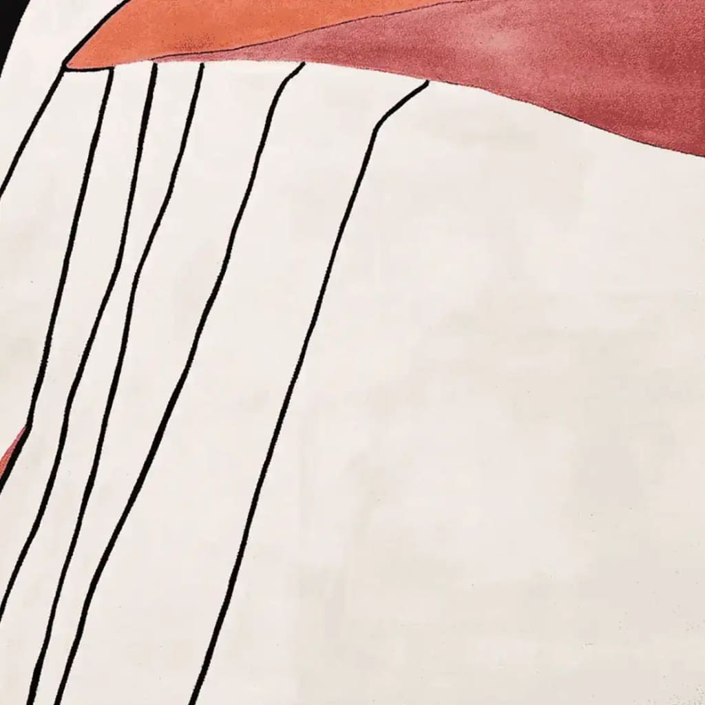 Close-up view of a hand-tufted wool area rug, featuring a contemporary abstract design with bold black lines on a cream background, accented by warm shades of orange and red. Ideal for modern living rooms, this square rug adds a stylish touch to your decor.