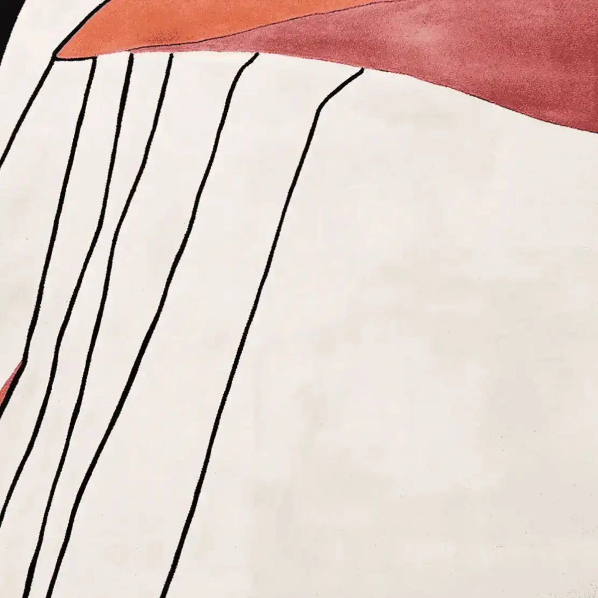 Close-up view of a hand-tufted wool area rug, featuring a contemporary abstract design with bold black lines on a cream background, accented by warm shades of orange and red. Ideal for modern living rooms, this square rug adds a stylish touch to your decor.