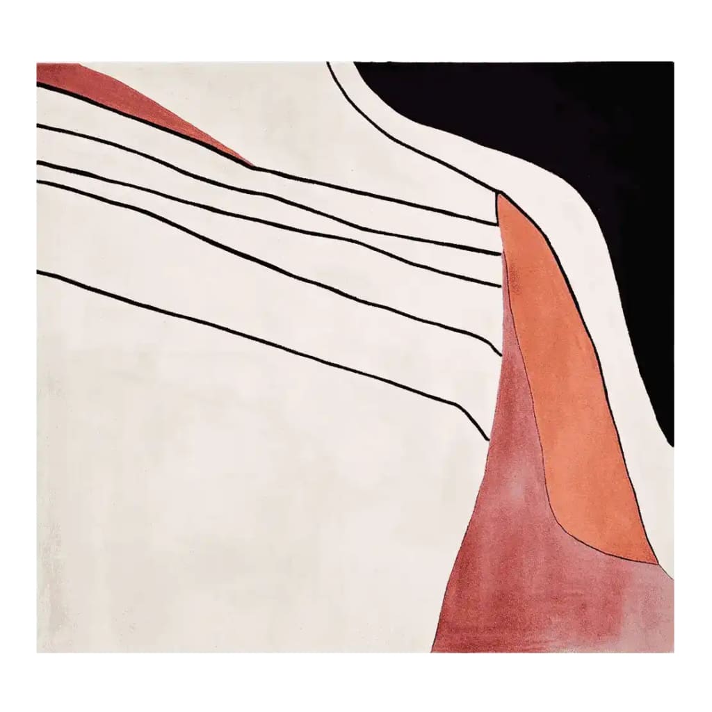 A contemporary square area rug with an abstract design, featuring flowing lines and bold shapes in shades of white, black, and terracotta. Perfect for adding a modern touch to living room spaces, this wool rug beautifully combines art and functionality.