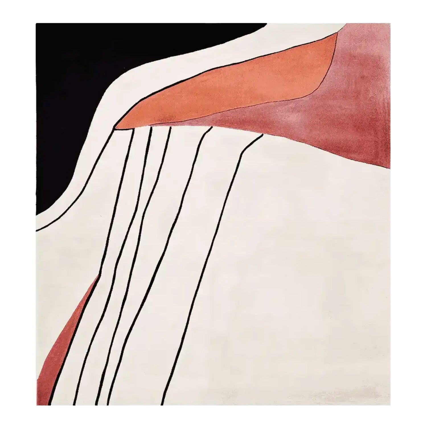 Modern living room with a green sofa, coffee table, a contemporary wool rug, and abstract art on patterned walls.