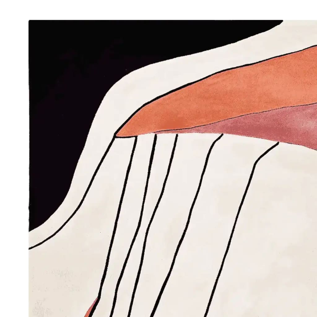 Contemporary square area rug with abstract design featuring flowing lines and bold orange and pink accents, perfect for adding a modern touch to living room decor. This wool rug showcases a unique artistic pattern, making it a stylish choice for any home.