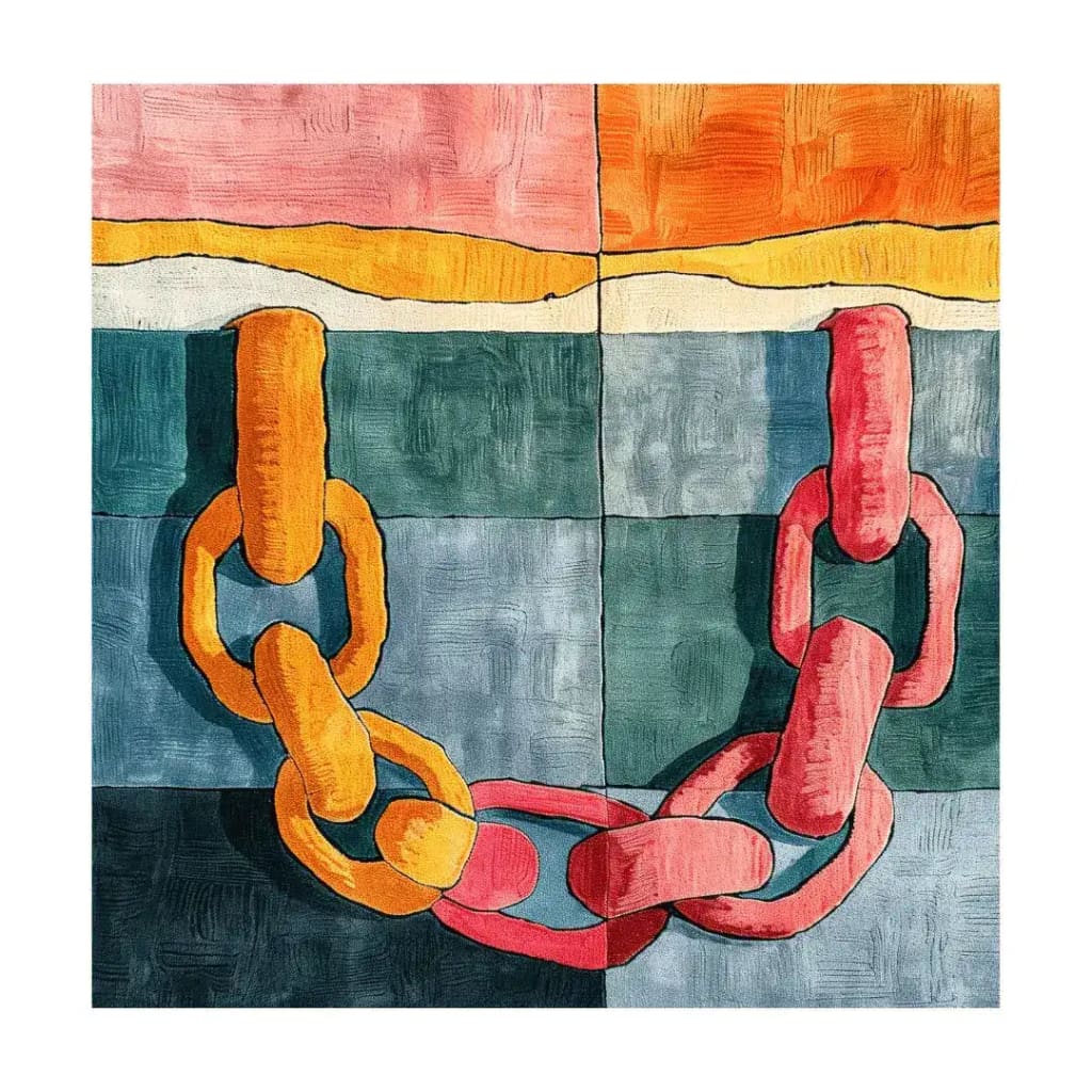 The Linked Horizons Hand Tufted Rug is a vibrant square area rug featuring bold abstract patterns in shades of orange, pink, and blue. Perfect for adding a contemporary touch to your dining room or living room, this large 8x10 wool rug combines artistic design with cozy warmth, making it an ideal choice for modern interiors.