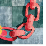 Explore the Linked Horizons Hand Tufted Rug featuring a contemporary design with interlocking red chains against a textured green and grey background. Perfect as a square area rug for dining rooms or as a large living room rug, this wool rug adds a modern touch to any space, ideal for living room rugs 8x10.