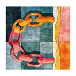 This vibrant hand-tufted area rug features a bold abstract design with interlocking chains in shades of orange, pink, and teal, set against a square pattern background. Perfect for adding a contemporary touch to your dining room or as a statement piece among living room rugs 8x10, this wool rug combines modern style with durability, ideal for large living rooms.
