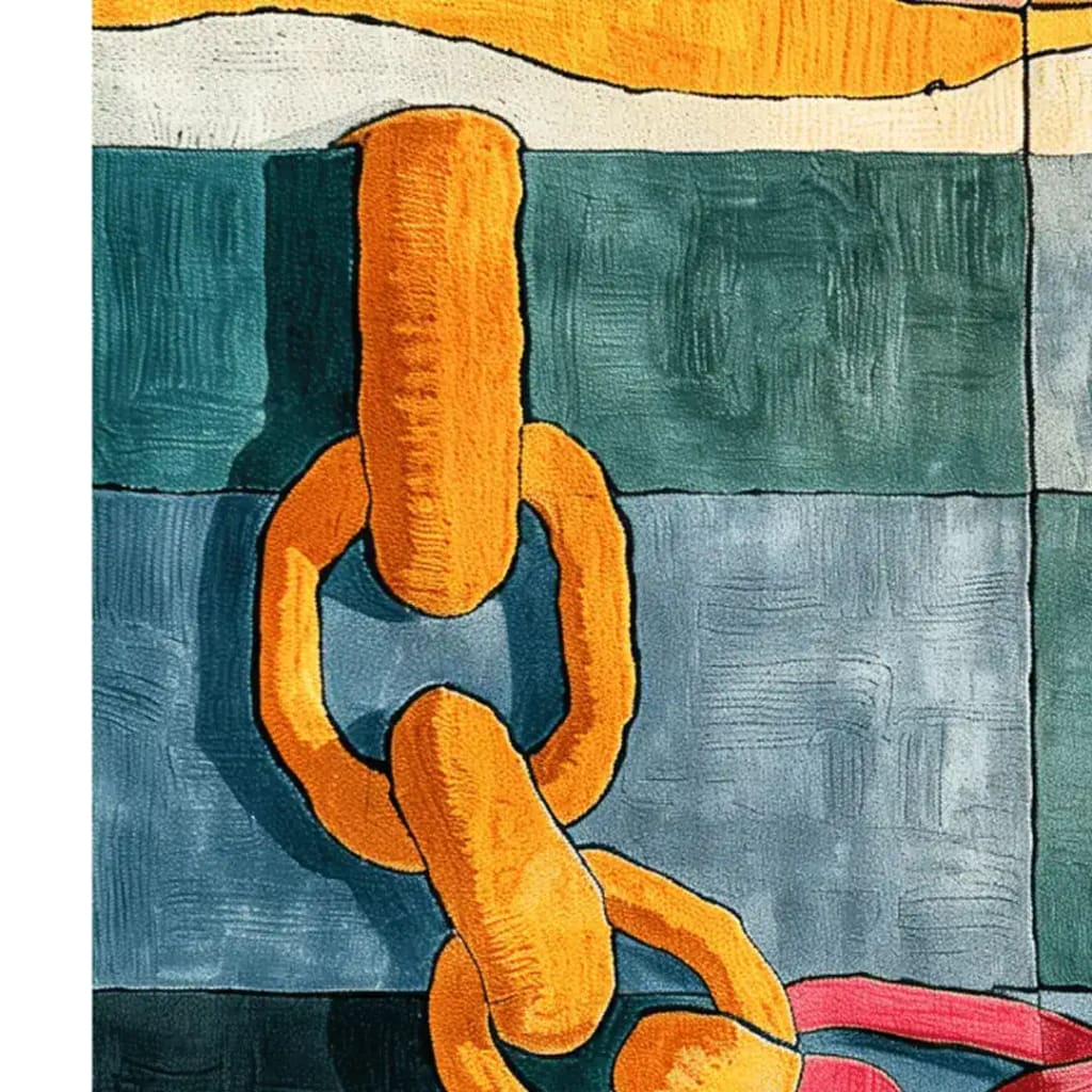 Close-up view of the Linked Horizons hand-tufted wool rug, featuring a bold abstract design with interlocking orange chains on a blue and green background. This contemporary square area rug is perfect for adding a modern touch to dining rooms or as a large living room rug, ideal for spaces needing an 8x10 size.