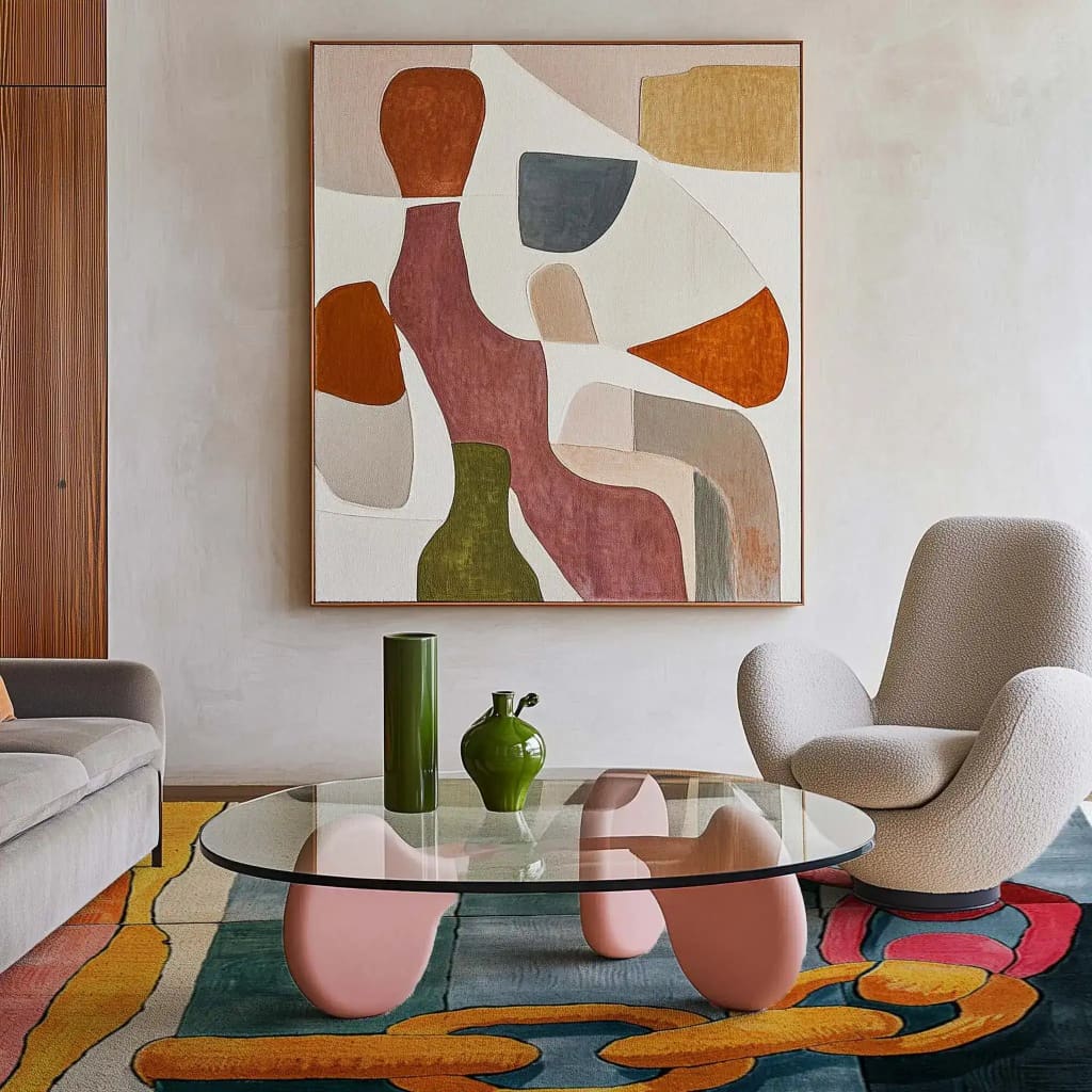 A contemporary living room featuring a vibrant square area rug with abstract patterns in warm tones under a stylish glass coffee table. The wool rug adds a touch of elegance to the space, making it ideal for large living rooms or dining rooms. The room is adorned with modern furniture, creating a cozy and inviting atmosphere.