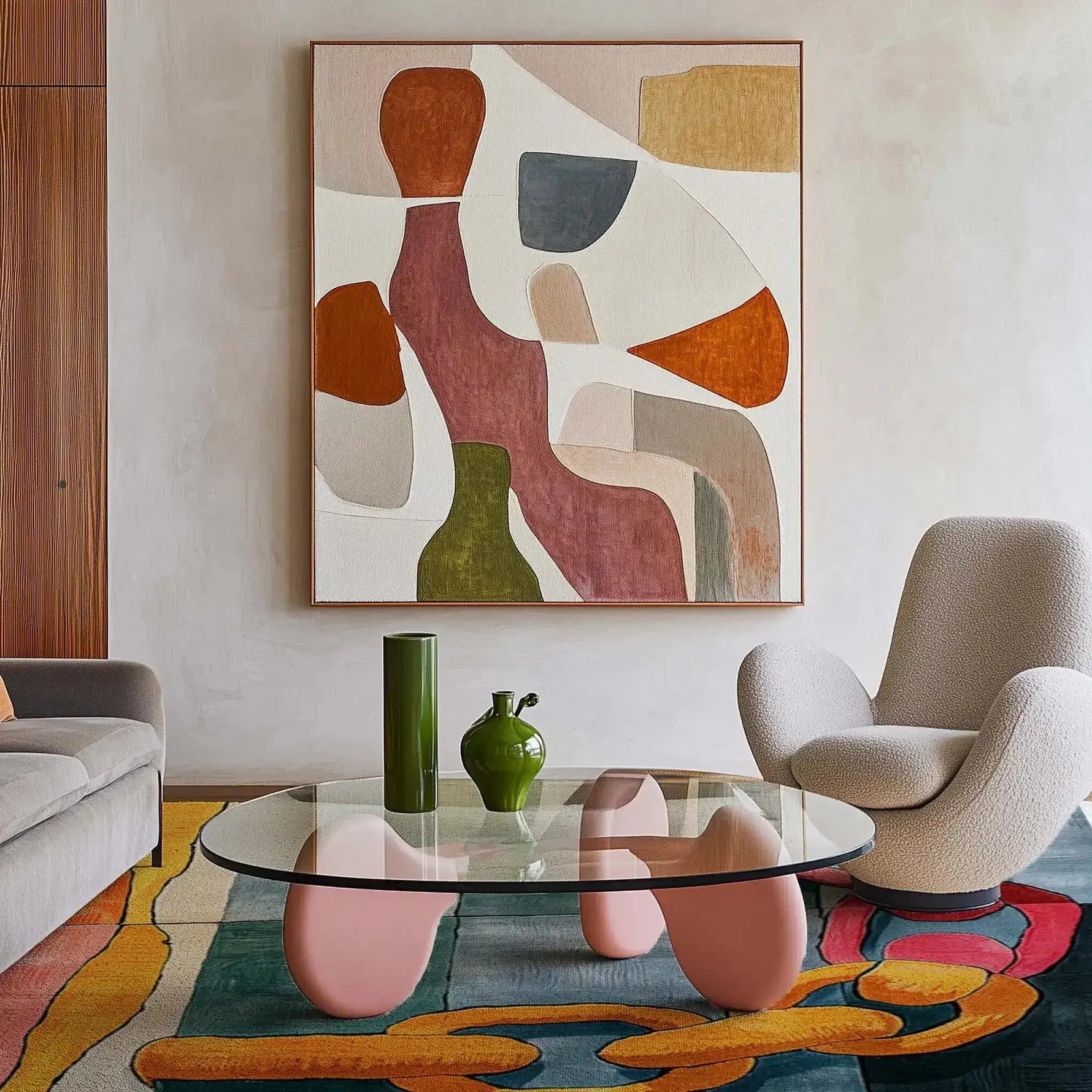 A contemporary living room featuring a vibrant square area rug with abstract patterns in warm tones under a stylish glass coffee table. The wool rug adds a touch of elegance to the space, making it ideal for large living rooms or dining rooms. The room is adorned with modern furniture, creating a cozy and inviting atmosphere.