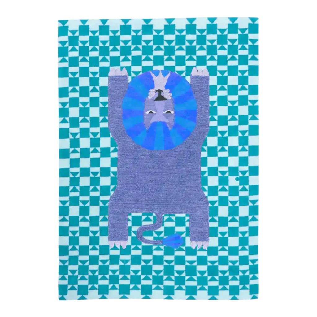 Vibrant and playful Lion Checkered Hand Tufted Wool Rug in blue, featuring a stylized lion design against a geometric checkered pattern. Perfect for adding a touch of whimsy to dining rooms, living rooms, or as a vintage-inspired area rug in formal dining spaces.