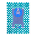 Vibrant and playful Lion Checkered Hand Tufted Wool Rug in blue, featuring a stylized lion design against a geometric checkered pattern. Perfect for adding a touch of whimsy to dining rooms, living rooms, or as a vintage-inspired area rug in formal dining spaces.