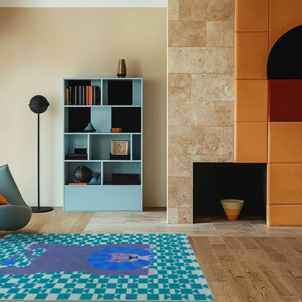 Stylish living room featuring a Lion Checkered Hand Tufted Wool Rug in blue, with a unique abstract lion design. This vintage area rug adds a touch of elegance to the modern dining room setting, complementing the sleek furniture and warm color palette.