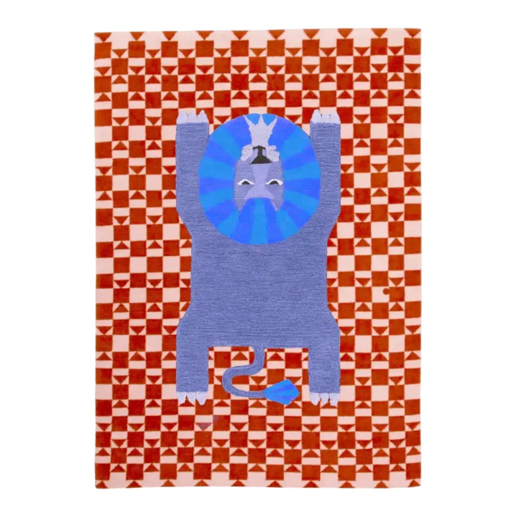 A vibrant red checkered wool rug featuring a playful lion design at the center. This hand-tufted area rug is perfect for adding a vintage touch to bedrooms or as a stylish piece for office spaces.