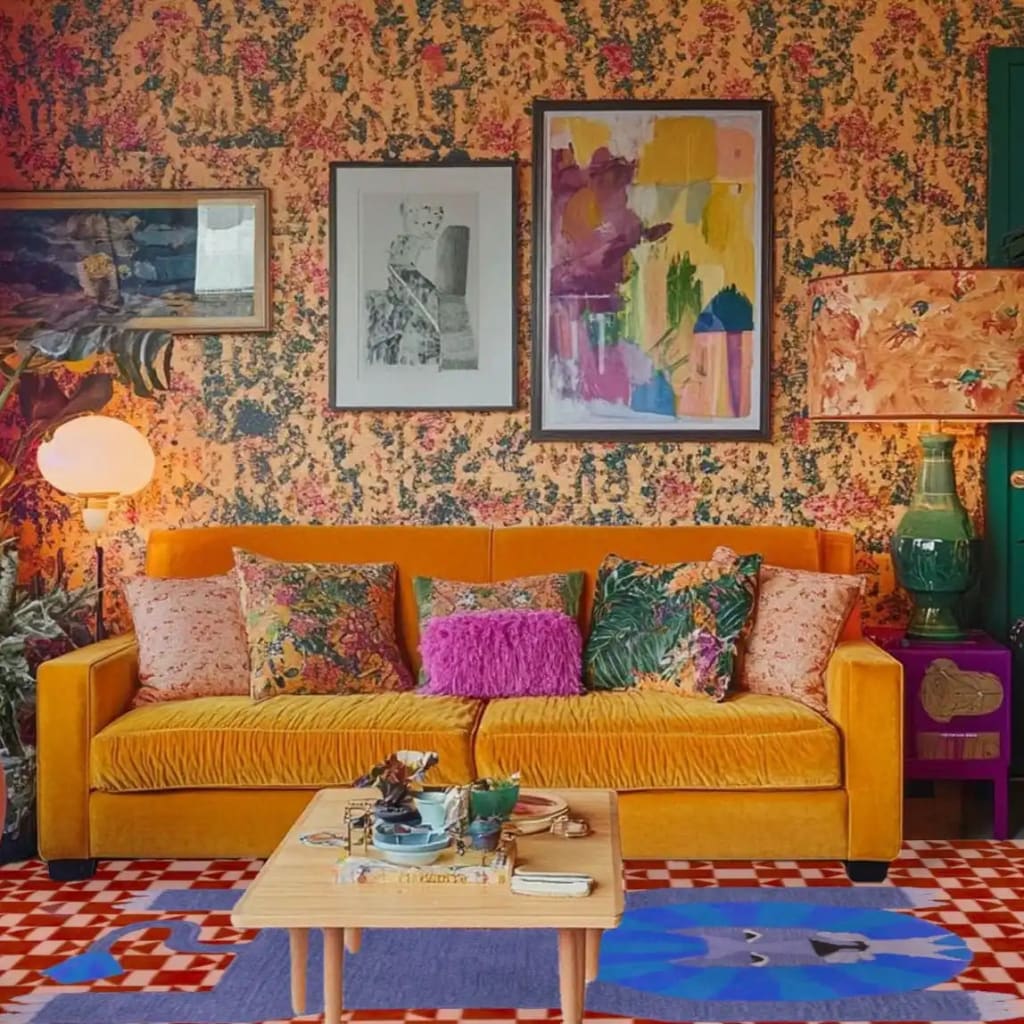 A vibrant living room featuring a Lion Checkered Hand Tufted Wool Rug in red, complementing a colorful and eclectic decor. The area rug adds a vintage touch to the room, ideal for both bedroom and office settings. Surrounded by an orange sofa with bold patterned cushions and abstract art on the walls, this wool rug enhances the lively atmosphere, perfect for those seeking unique rugs for office or home.