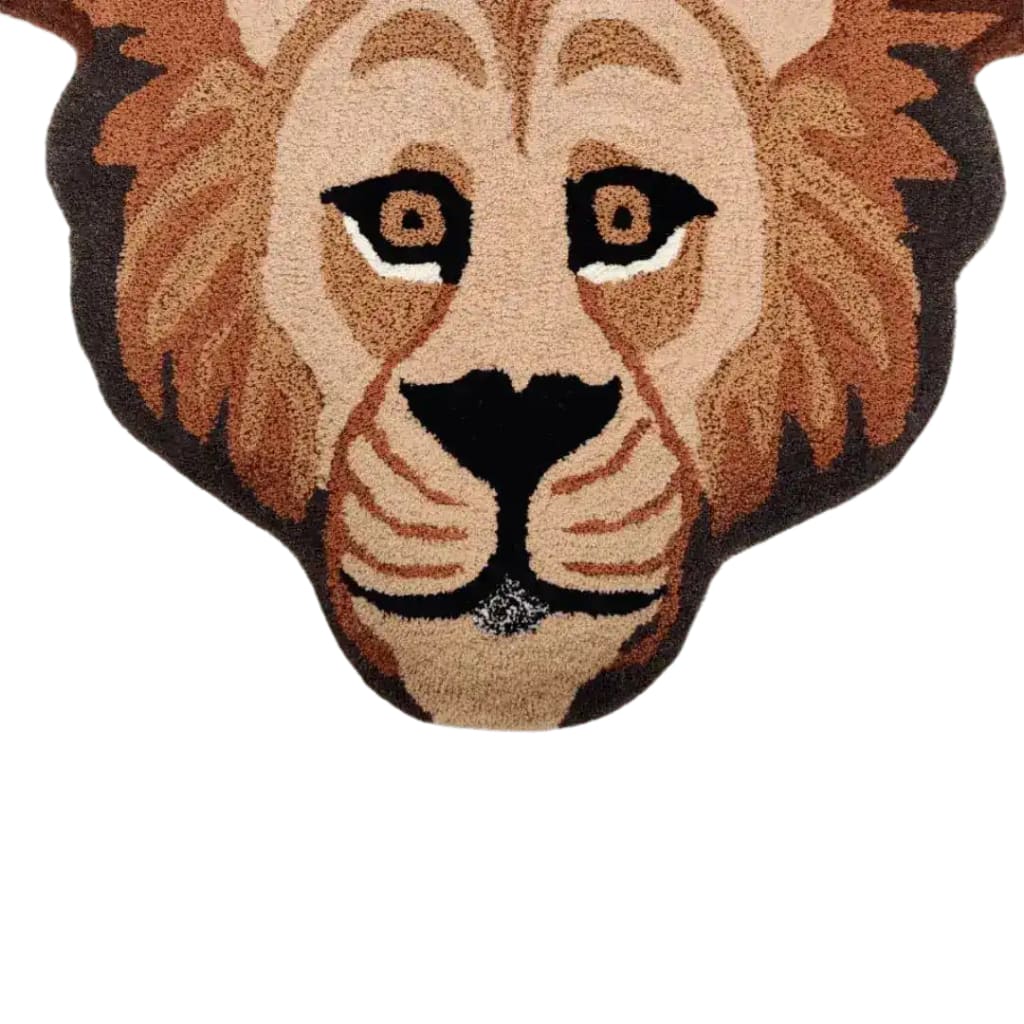 A beautifully designed area rug featuring a hand-tufted lion face, made of high-quality wool. Perfect for adding a touch of elegance to your dining room or living room, this wool rug showcases intricate detailing and rich colors, making it an ideal choice for rugs for living room decor.
